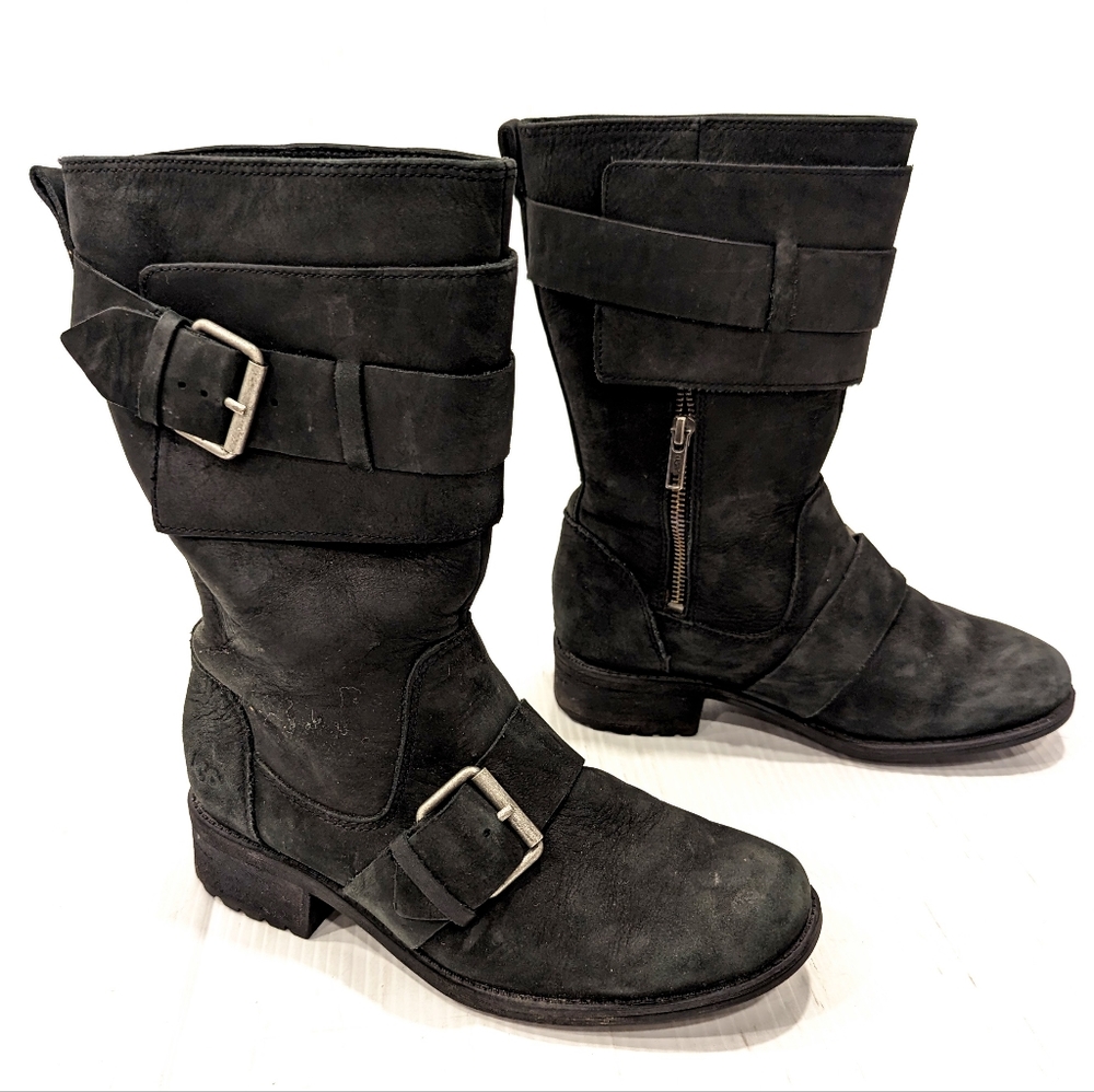 UGG Chancey women's black suede leather mid calf buckle moto boots